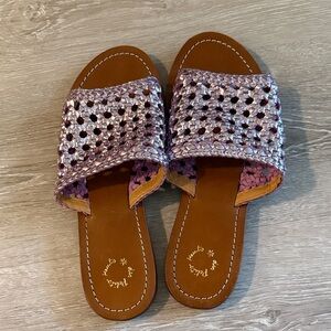 DES PETITS HAUTS PURPLE METALLIC  LEATHER BRAIDED SANDALS, SIZE 39